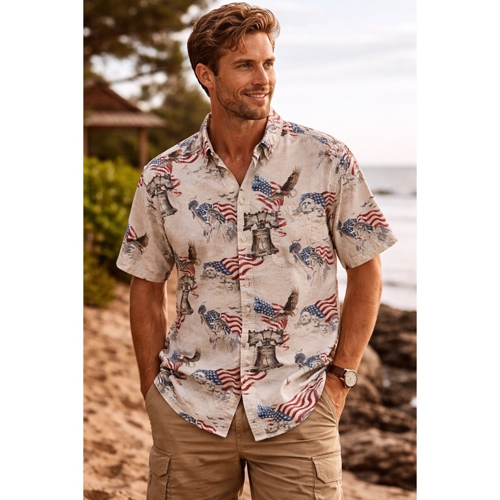 RedHead Mens‎ XL Patriotic American Flag Liberty Bell AOP Shirt